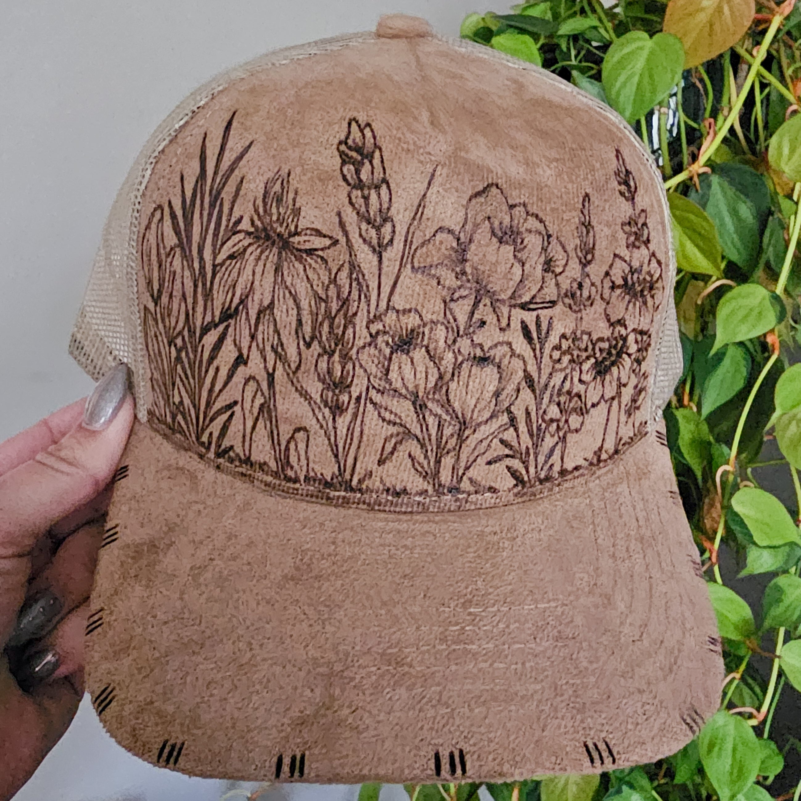 Wildflower Field || Taupe Suede Baseball Style Mesh Trucker 