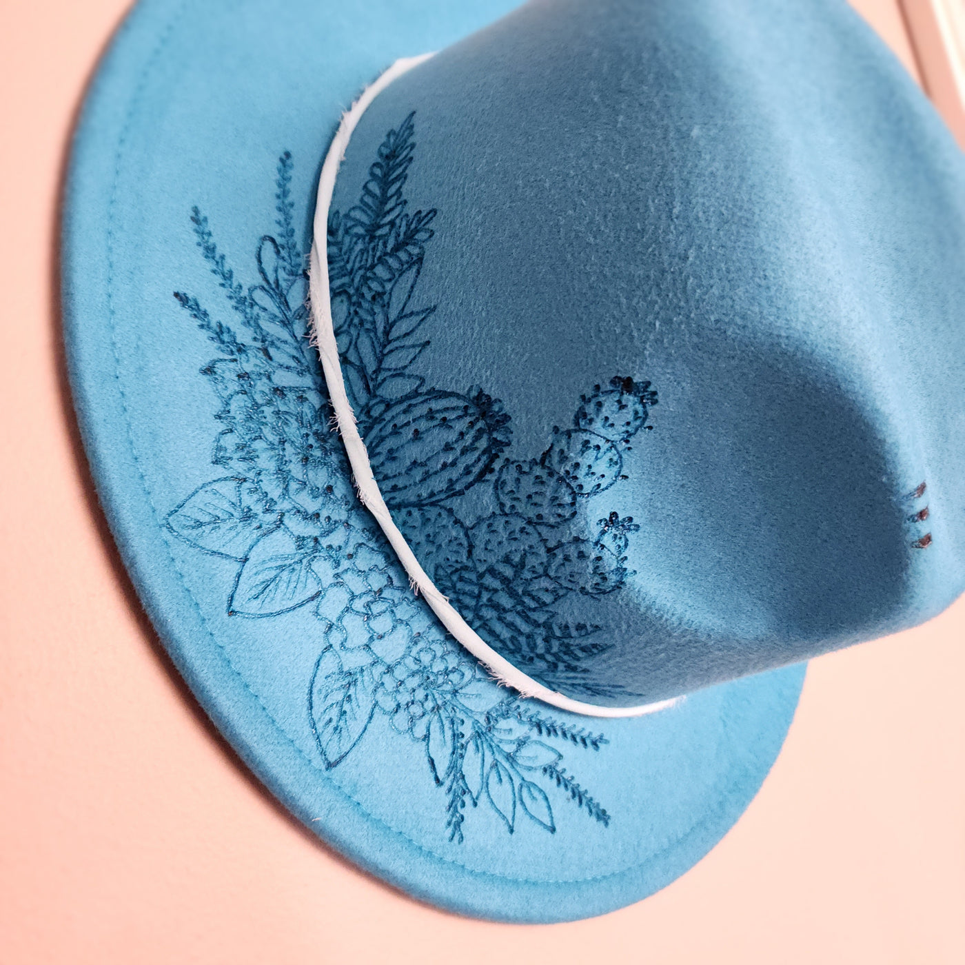 Cactus Floral + Fabric Band + Feather || Blue Turquoisr Felt Fedora Small Brim Hat || Freehand Burned
