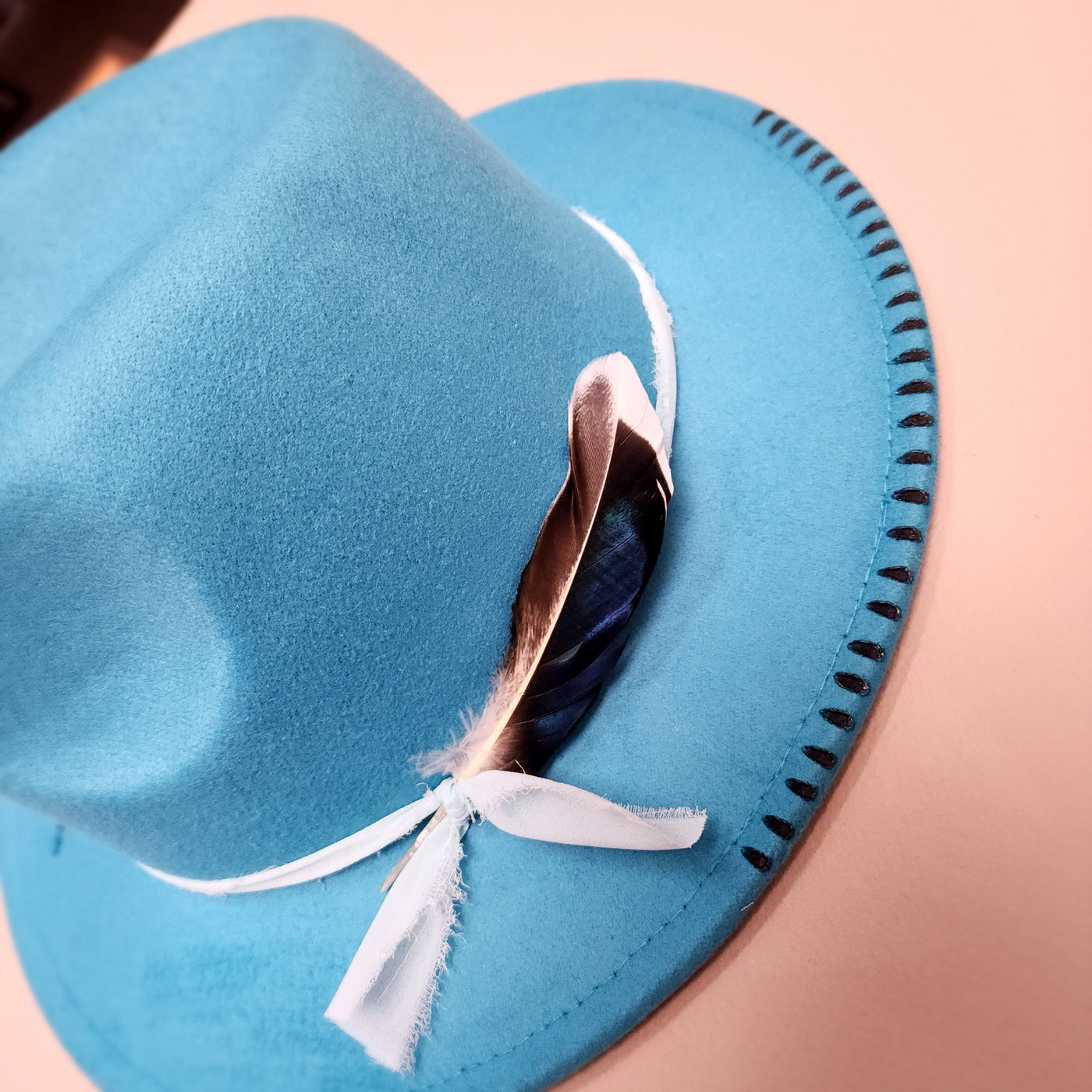 Cactus Floral + Fabric Band + Feather || Blue Turquoisr Felt Fedora Small Brim Hat || Freehand Burned
