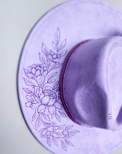 Amethyst Peonies || Light Lavender Suede Burned Wide Brim Hat
