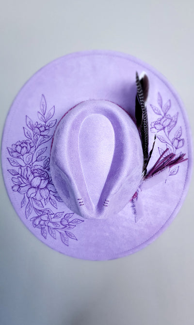 Amethyst Peonies || Light Lavender Suede Burned Wide Brim Hat