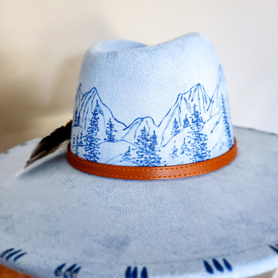 Play Me Some Mountain Music|| Light Blue Suede Burned Wide Brim Hat