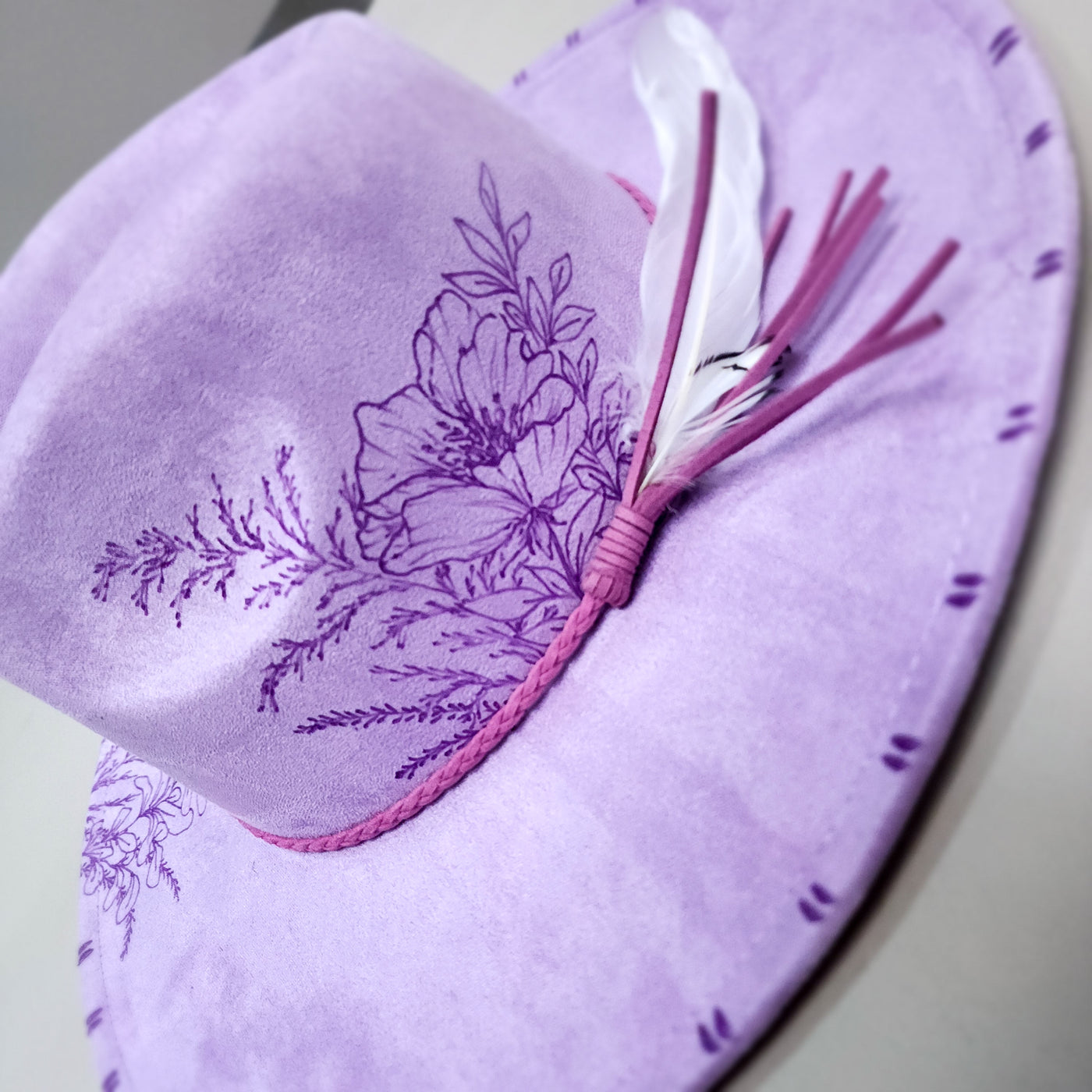 Felicity || Light Lavender Suede Burned Wide Brim Hat