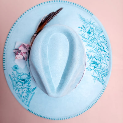 Flower Market || Aqua Blue Suede Burned Wide Brim Hat