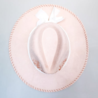Geometric Floral || Pale Peach Suede Burned Wide Brim Hat