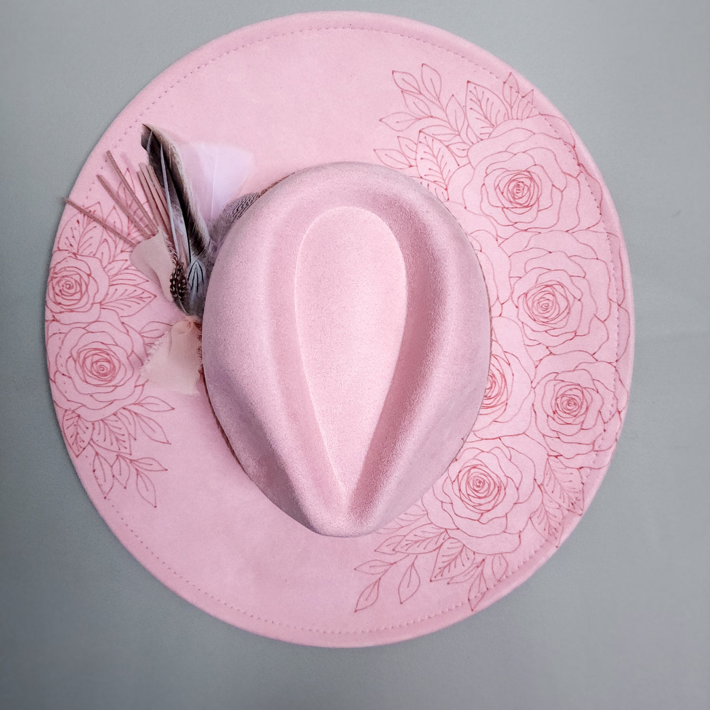 Rosettes || Light Pink Suede Freehand Burned Wide Brim Hat