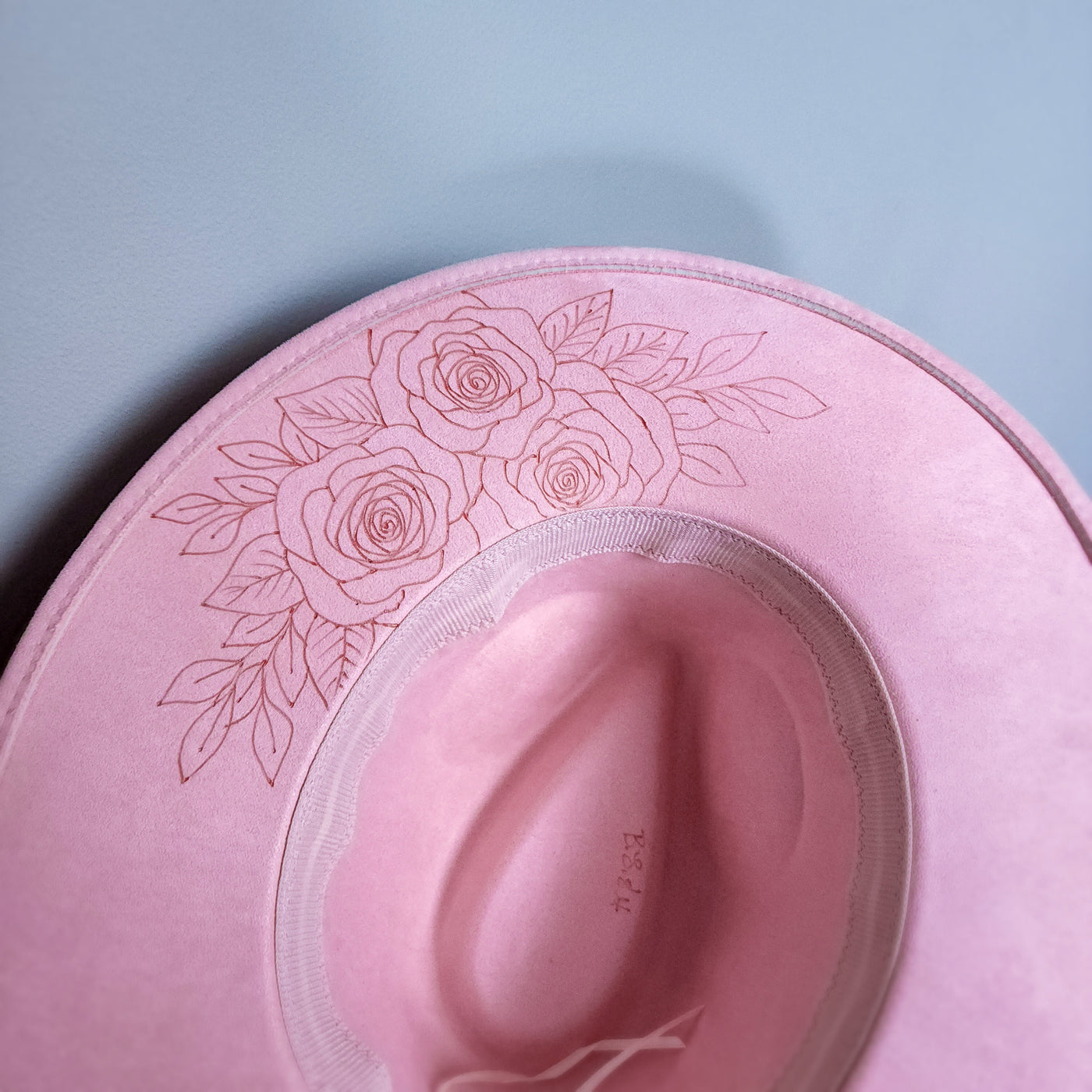 Rosettes || Light Pink Suede Freehand Burned Wide Brim Hat