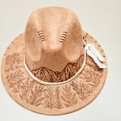 Wildflower Mountain || Light Tan Freehand Burned Felt Fedora Small Brim Hat