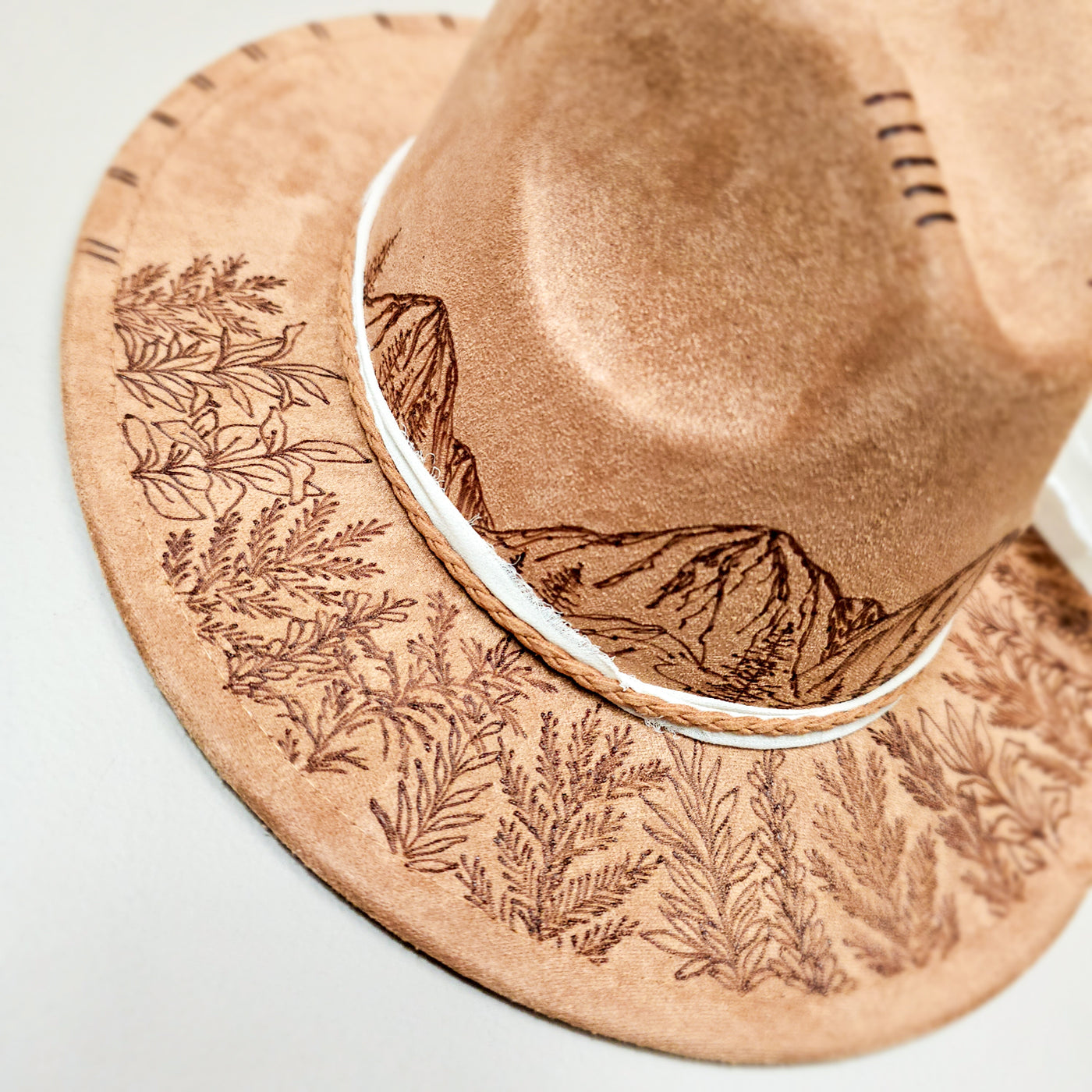 Among the Pines|| Tan Suede Fedora Small Brim Hat || Freehand Burned