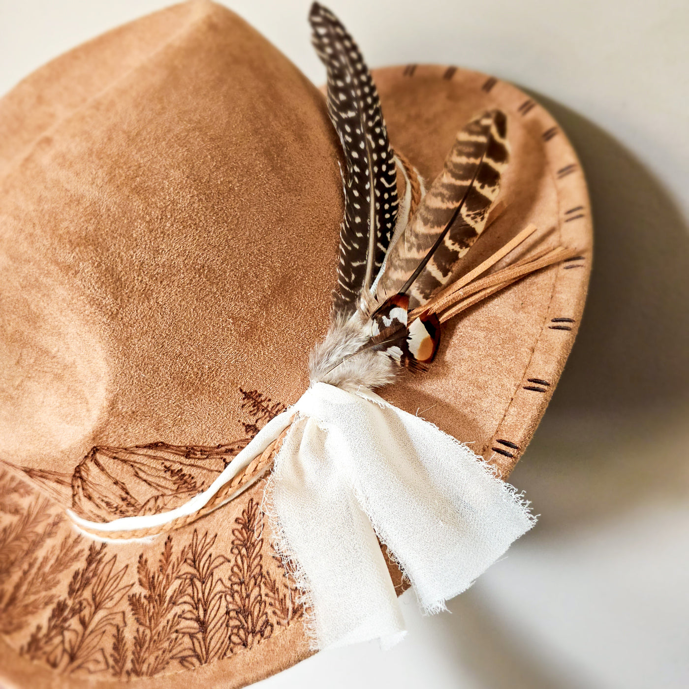 Among the Pines|| Tan Suede Fedora Small Brim Hat || Freehand Burned