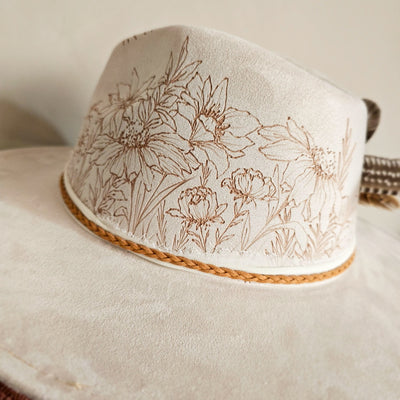 Country Bouquet || Ivory Suede Burned Wide Brim Hat