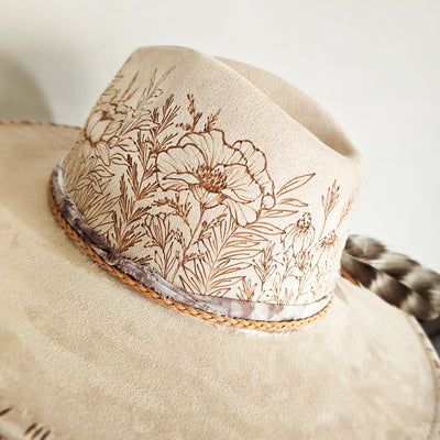Country Bouquet || Ivory Suede Burned Wide Brim Hat