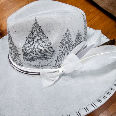 Snow Capped Pines || Light Gray Suede Burned Wide Brim Hat