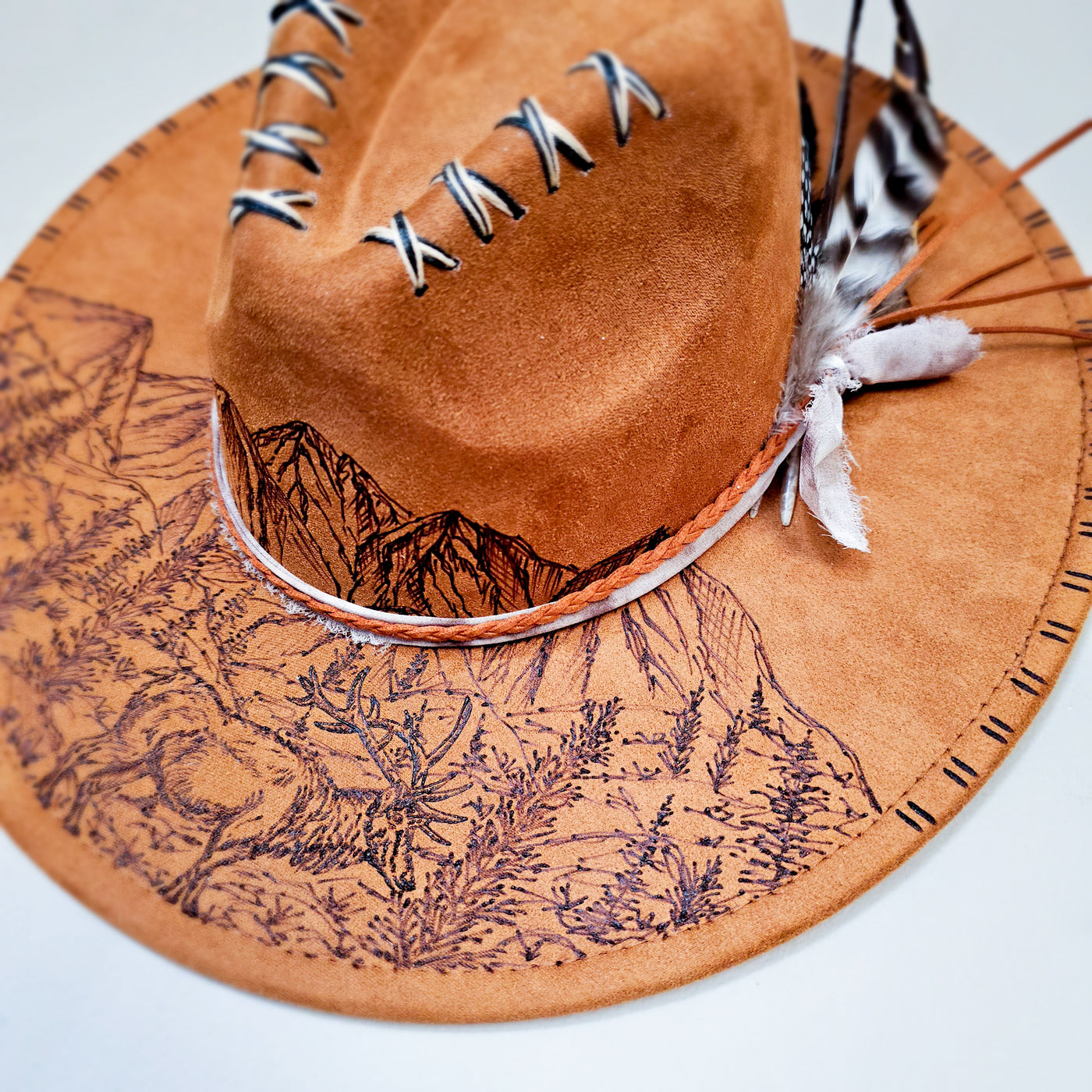 Elk on the Mountain || Tan Suede Freehand Burned Wide Brim Hat