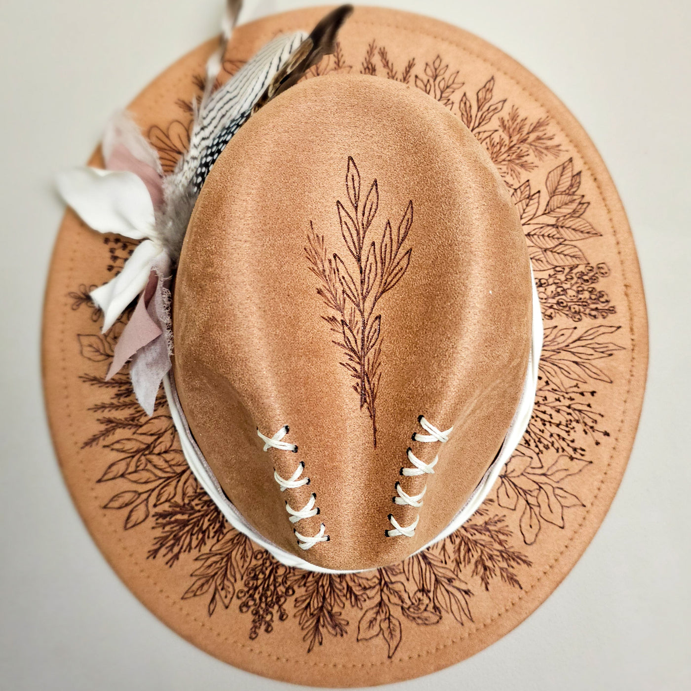 Wildflower Wreath || Light Tan Freehand Burned Felt Fedora Small Brim Hat