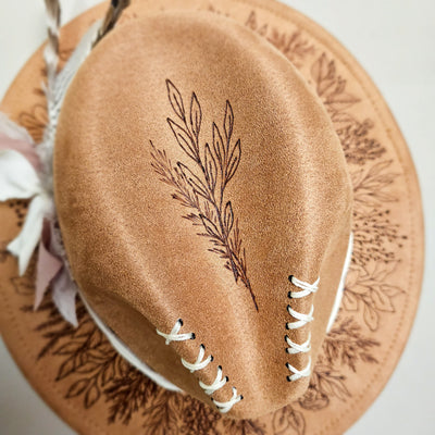 Wildflower Wreath || Light Tan Freehand Burned Felt Fedora Small Brim Hat