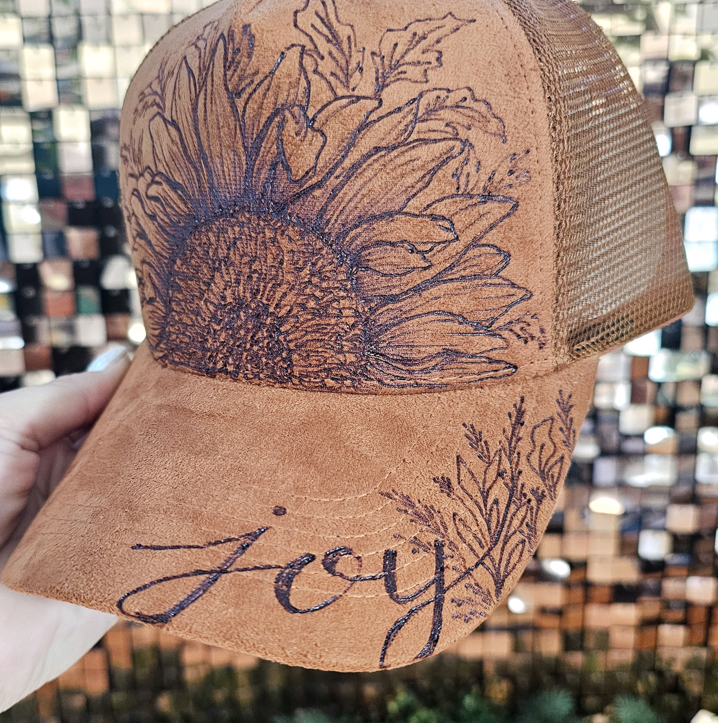 Joy Sunflower || Dark Tan Trucker Style Suede Hat || Freehand Burned
