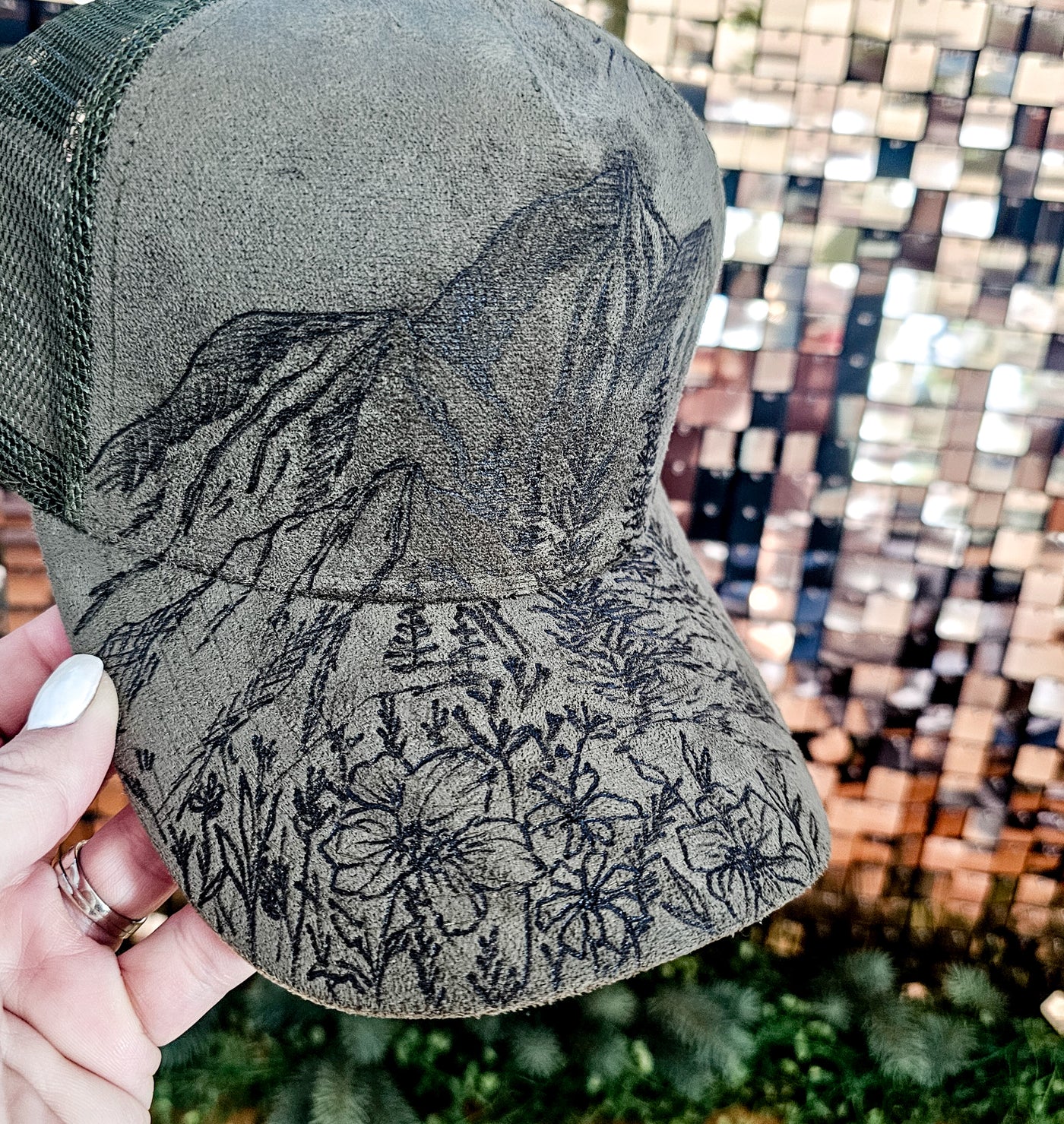 Wildflower Mountain || Olive Green Trucker Style Suede Hat || Freehand Burned