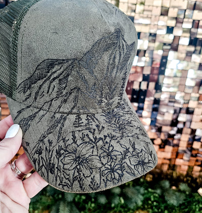 Wildflower Mountain || Olive Green Trucker Style Suede Hat || Freehand Burned