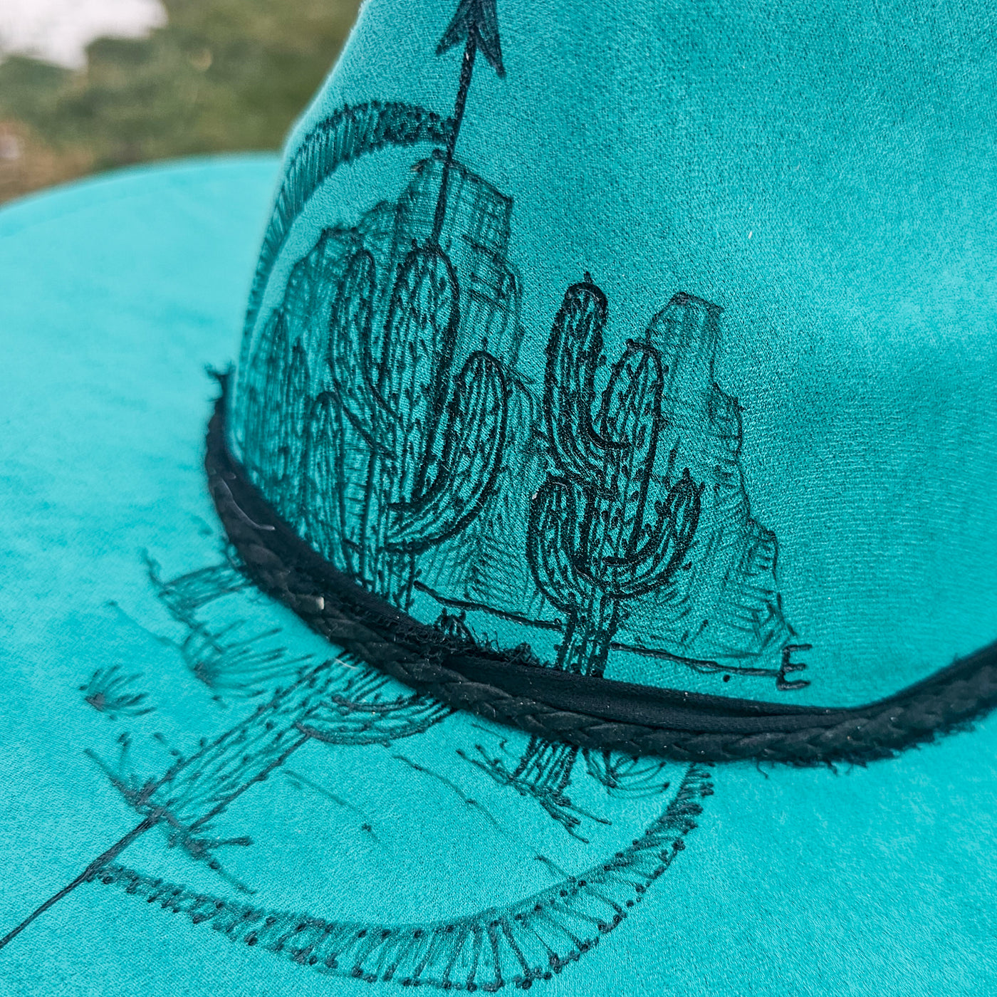 Catust Compass || Teal Suede Burned Wide Brim Hat