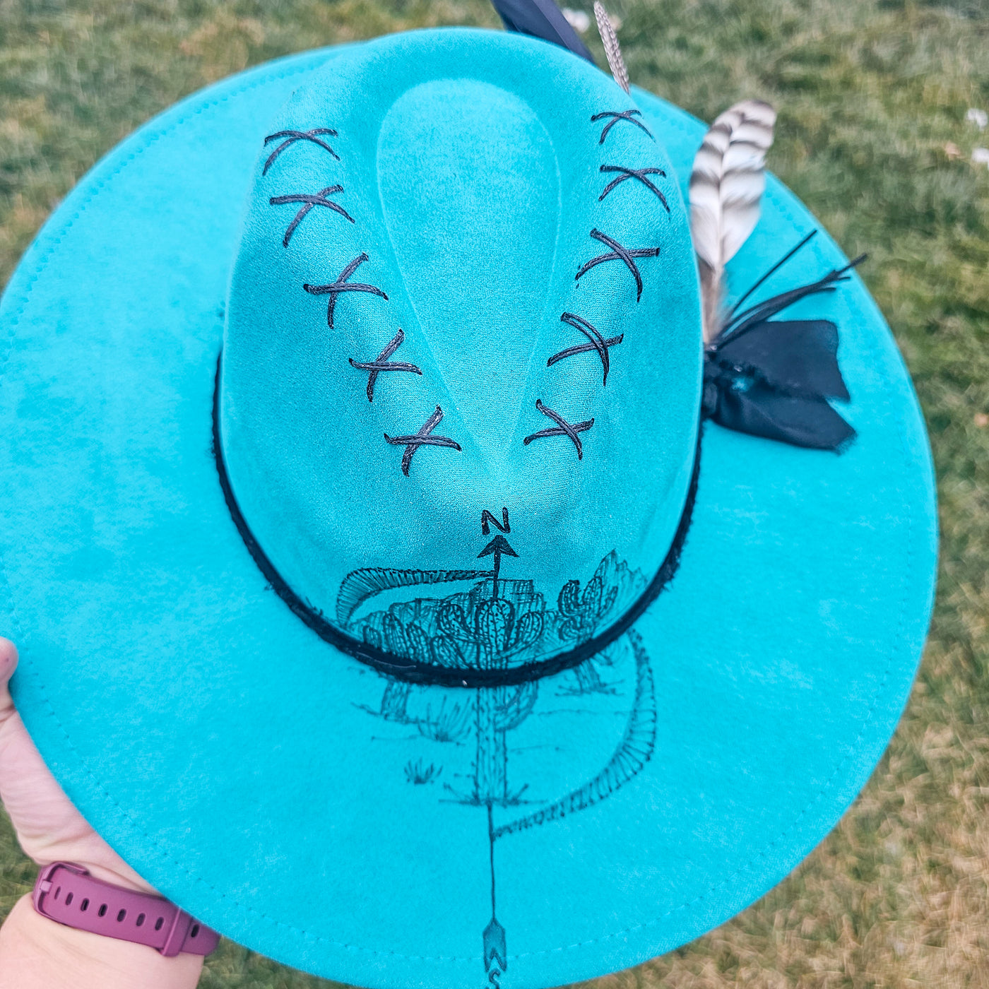 Catust Compass || Teal Suede Burned Wide Brim Hat