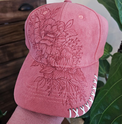 Pretty in Pink || Pink Suede Ball Cap || Freehand Burned + Stitching Detail