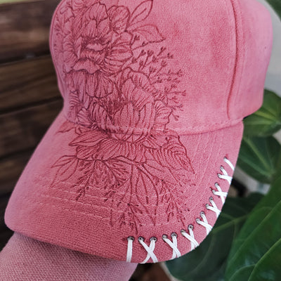 Pretty in Pink || Pink Suede Ball Cap || Freehand Burned + Stitching Detail