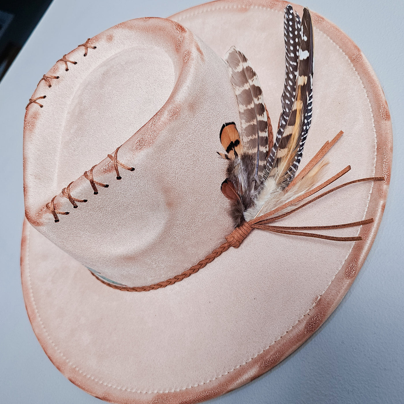 Peony Peach || Light Peach Suede Burned Wide Brim Hat