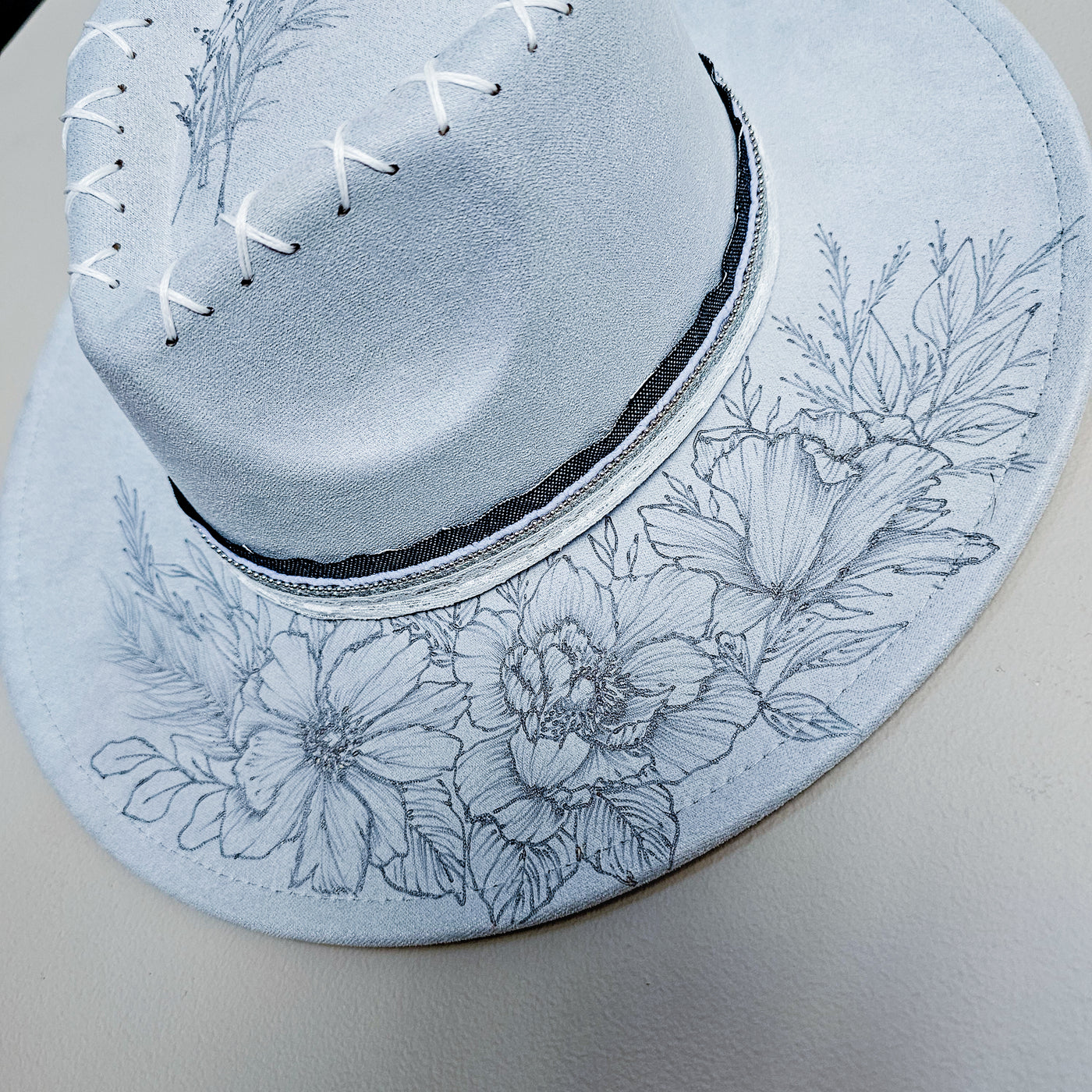 Wedding Bouquet || Light Gray Freehand Burned Wide Brim Hat