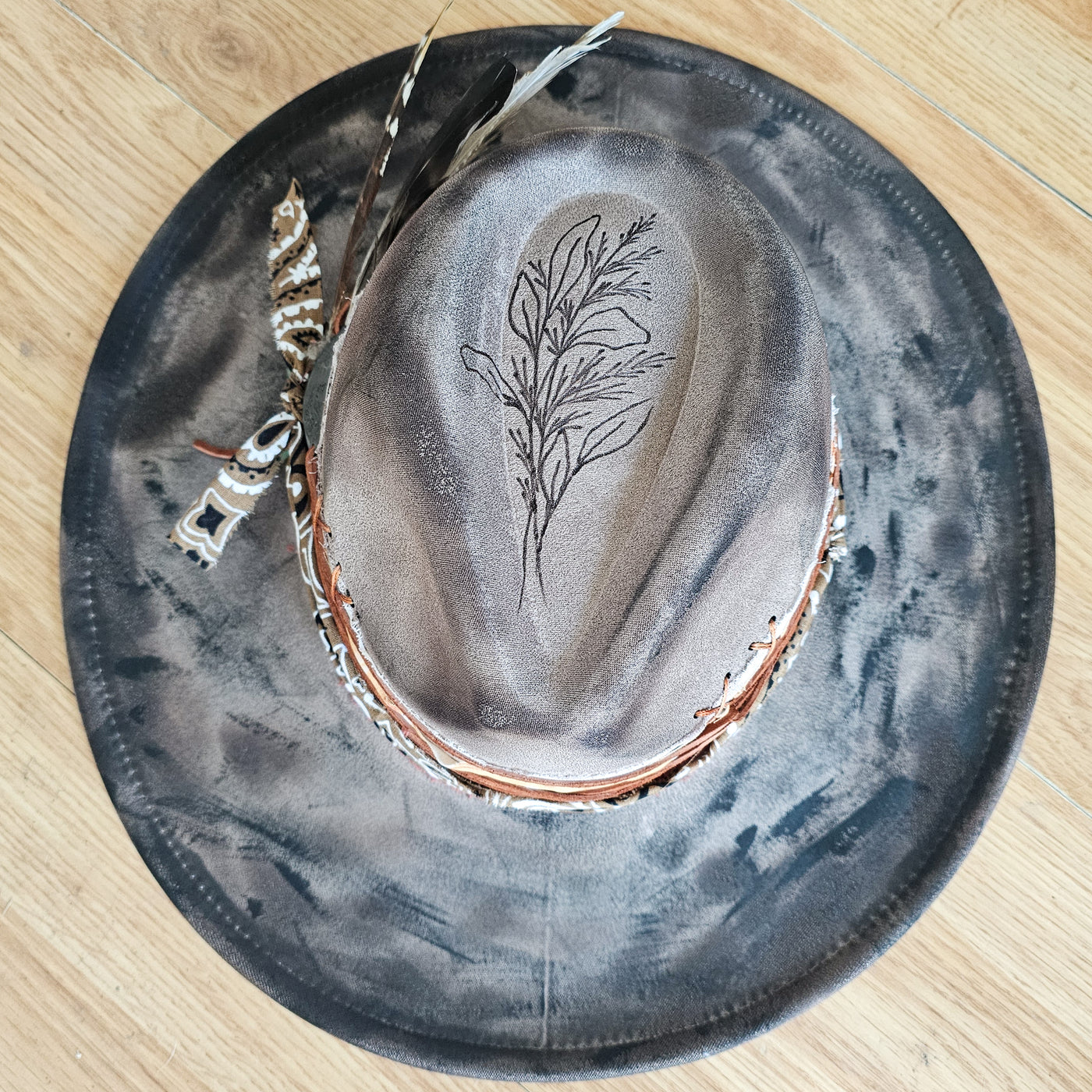 Rustic Sunflowers || Taupe Burned and Painted Wide Brim Hat