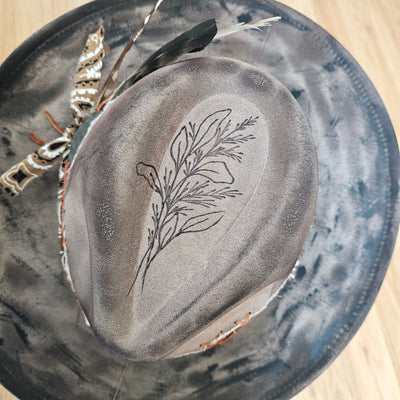 Rustic Sunflowers || Taupe Burned and Painted Wide Brim Hat