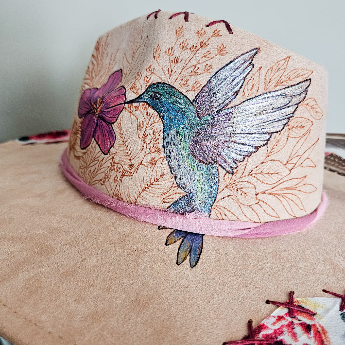 Hummingbird Halo || Peachy Pink Suede Burned Wide Brim Hat