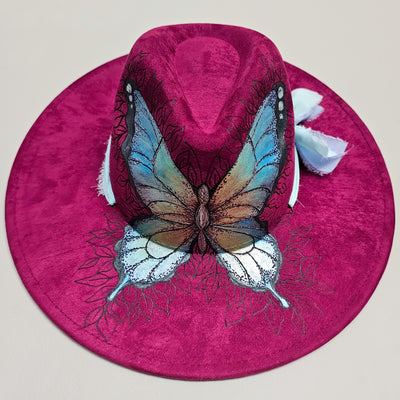 Butterfly Beauty|| Fuschia Suede Burned Wide Brim Hat