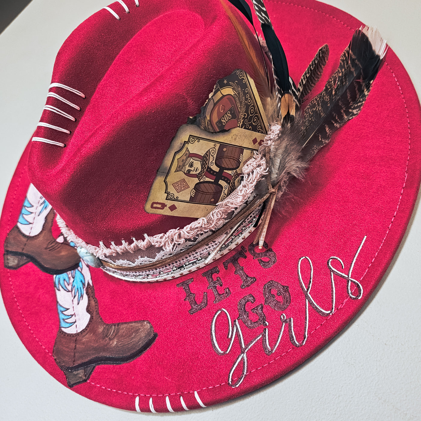 Let's Go Girls + Genuine Larimar Stone || Cranberry Fuschia Suede Burned and Painted Wide Brim Hat