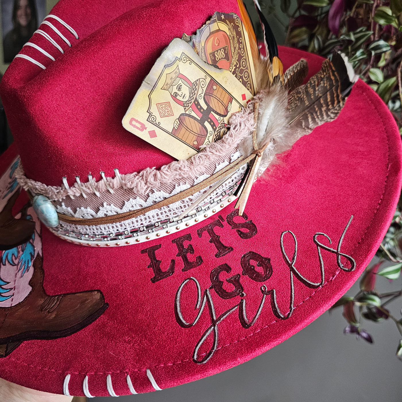 Let's Go Girls + Genuine Larimar Stone || Cranberry Fuschia Suede Burned and Painted Wide Brim Hat