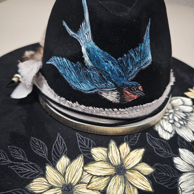 Sparrow in Sight || Black Suede Burned and Painted Wide Brim Hat