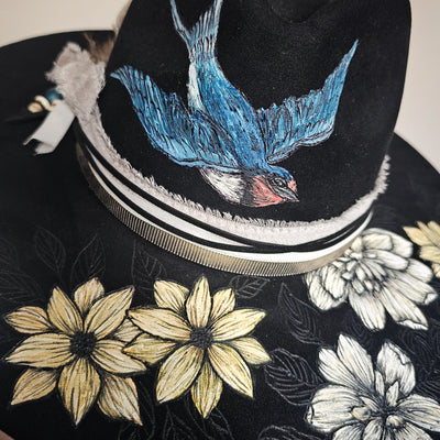 Sparrow in Sight || Black Suede Burned and Painted Wide Brim Hat