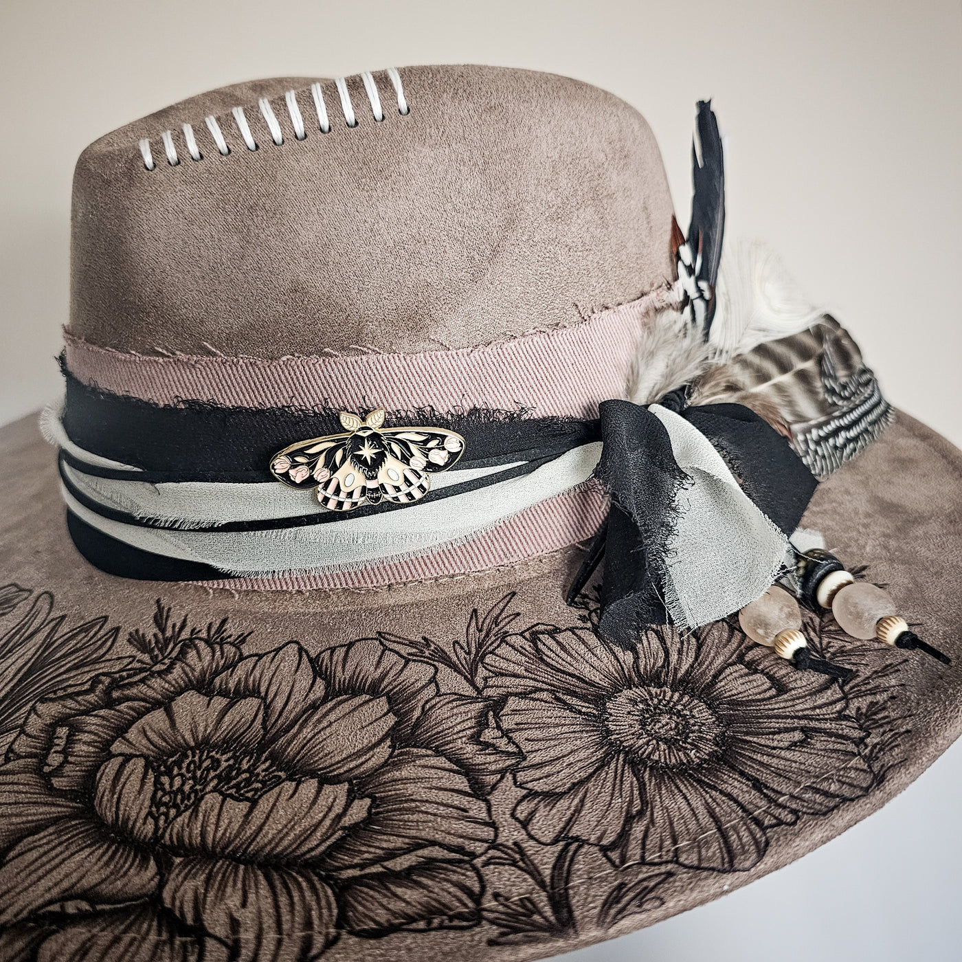 Flower Dreams || Taupe Suede Burned and Painted Wide Brim Hat