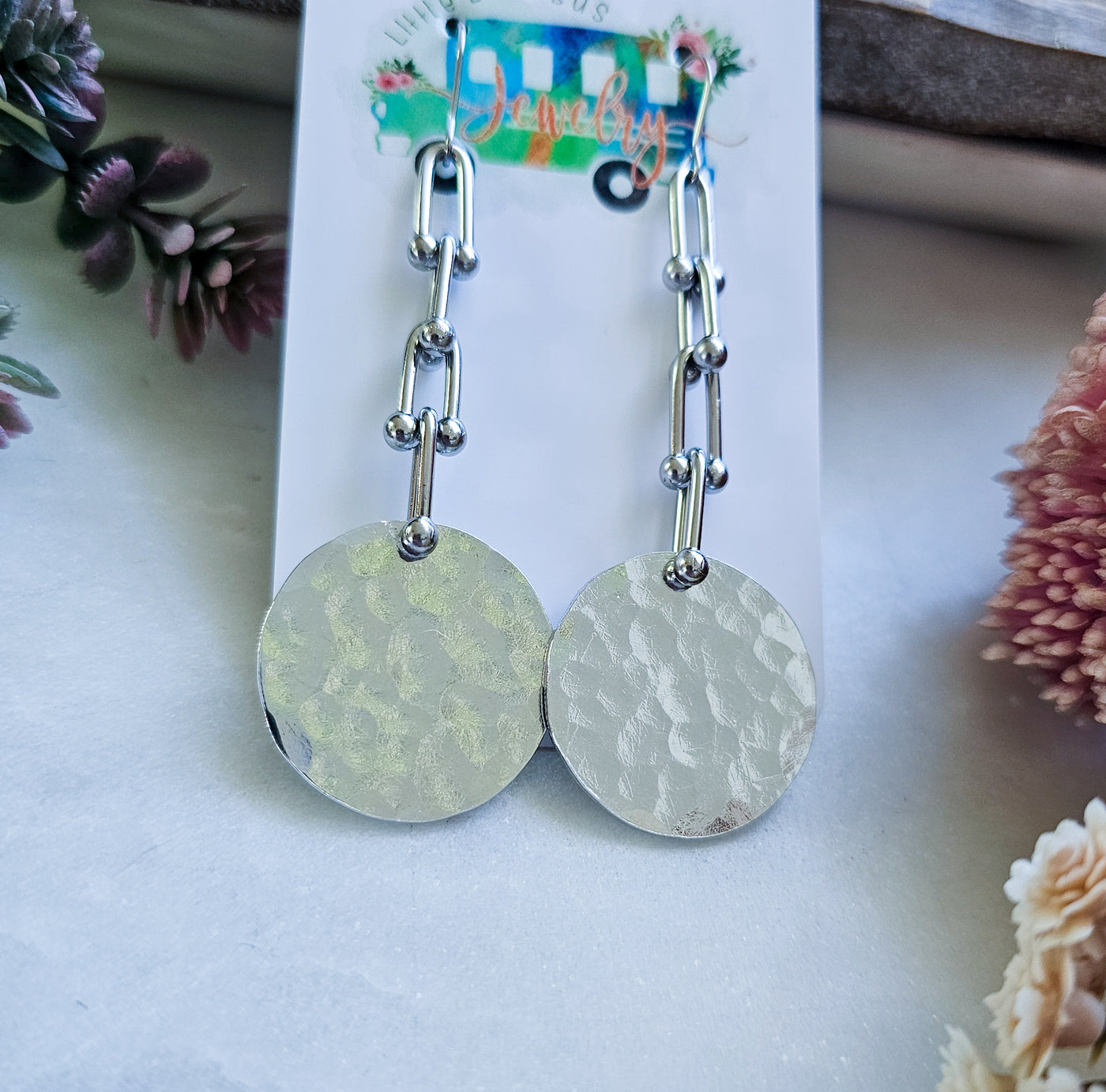 Hammered Round + Steel Chain Earrings