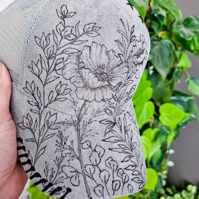 Floral Stems || Gray Suede Baseball Style Mesh Trucker Hat || Freehand Burned