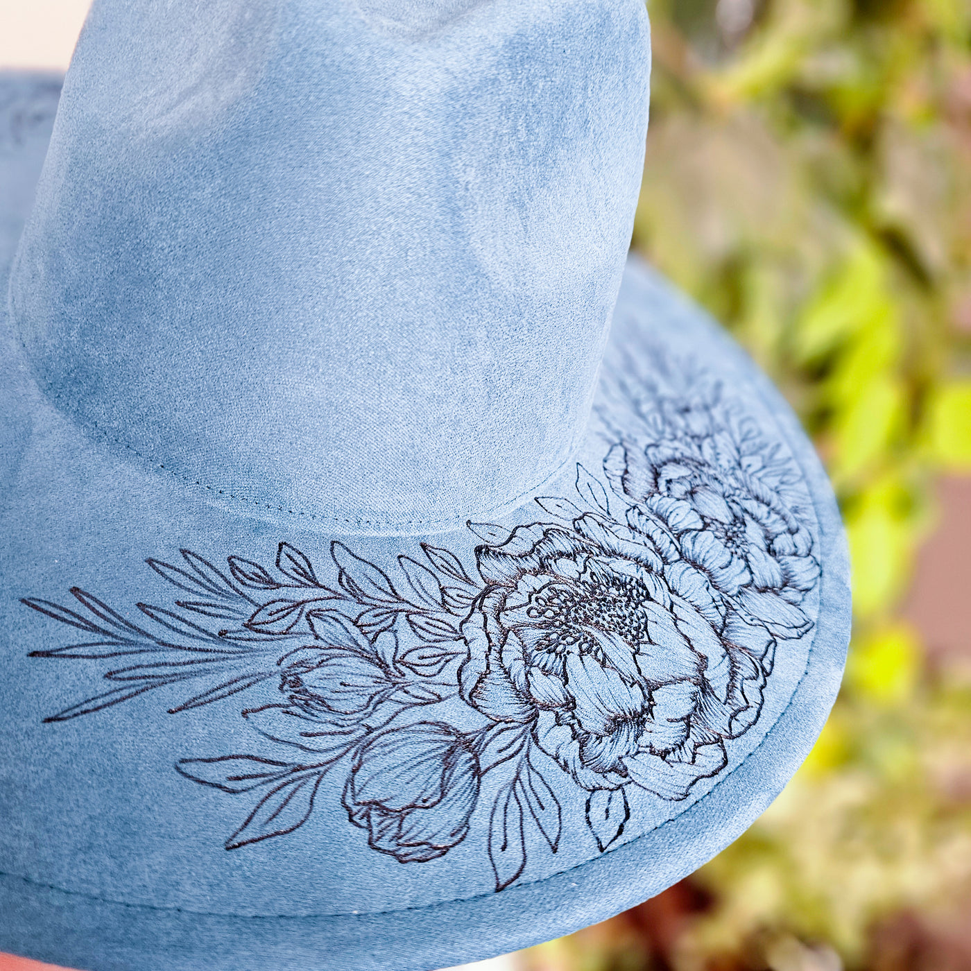 Peony Party || Turquoise Blue Suede Burned Wide Brim Hat