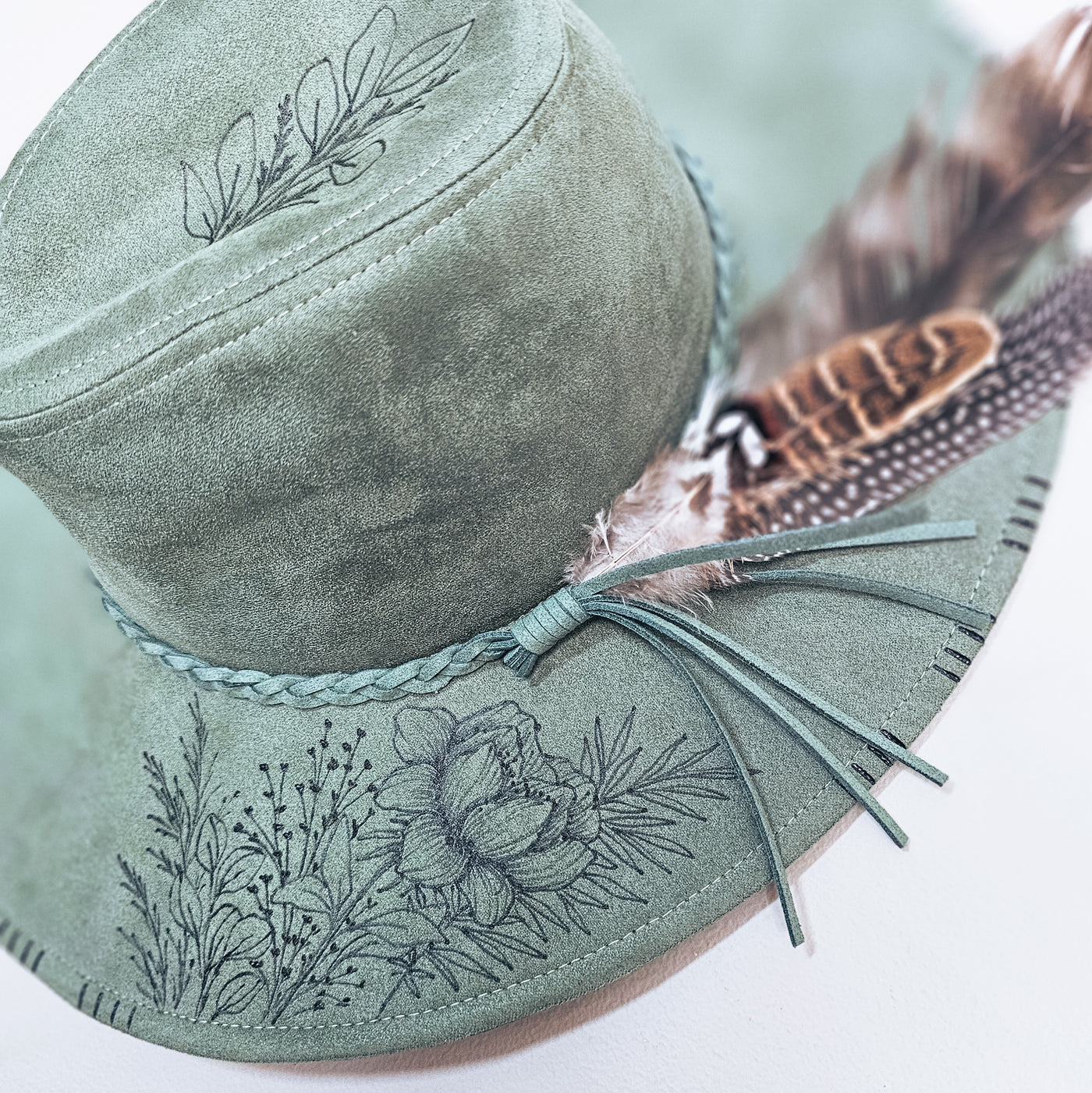 Wandering the Wildflowers || Olive Suede Burned Wide Brim Floppy Hat