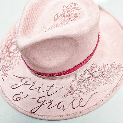 Grit and Grace |M| Pink Pastel Suede Burned Wide Brim Hat