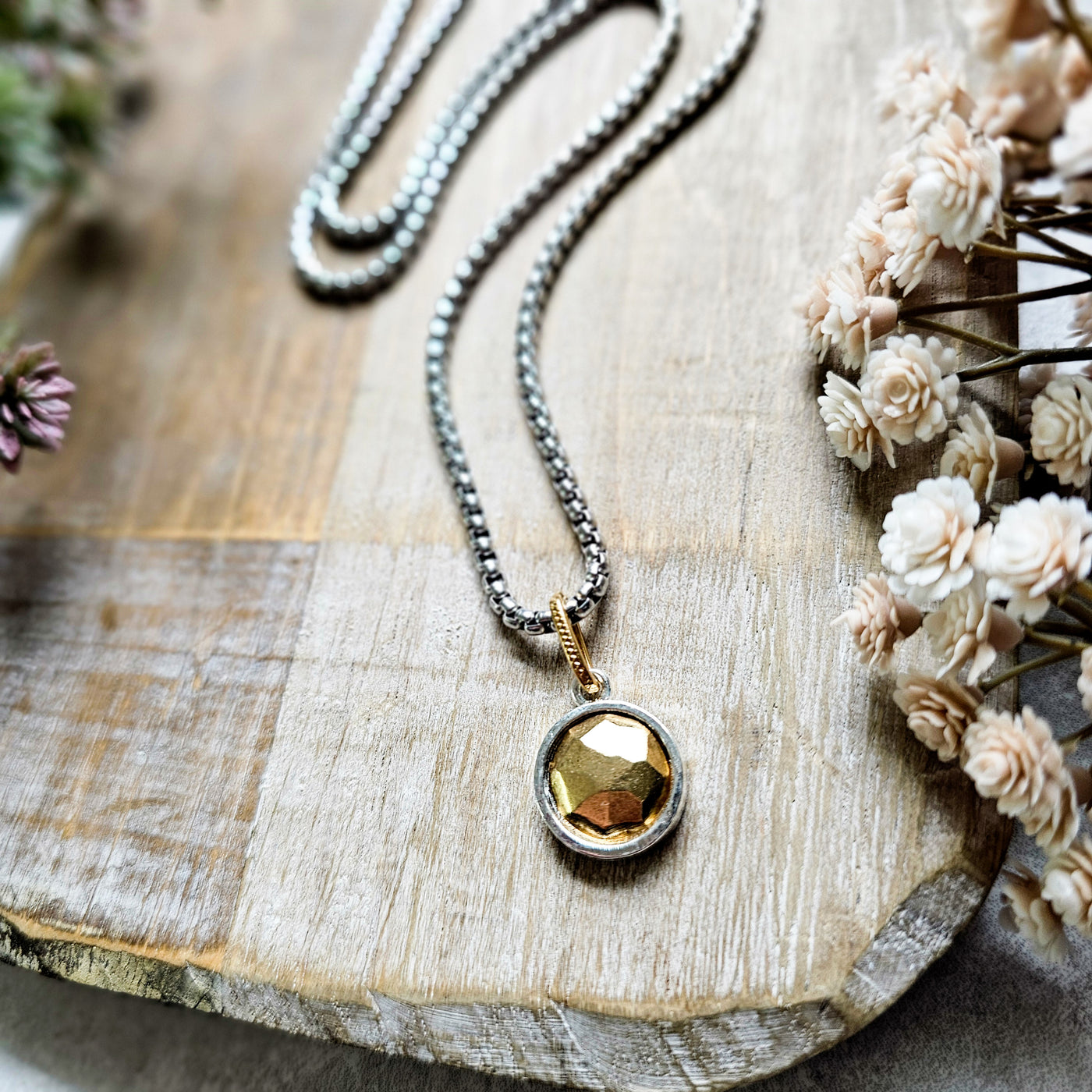 Mixed Metal Faceted Pendant on Chunky Chain | Necklace