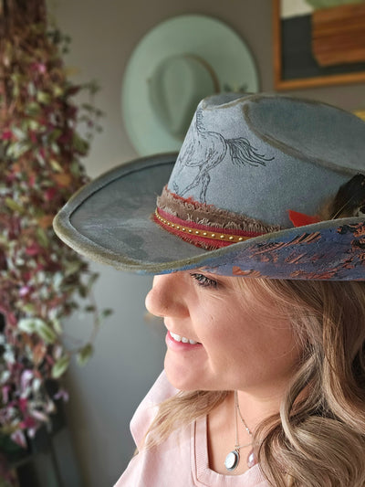 Saddle Up || Steel Blue Burned Cowboy Style Brim Hat