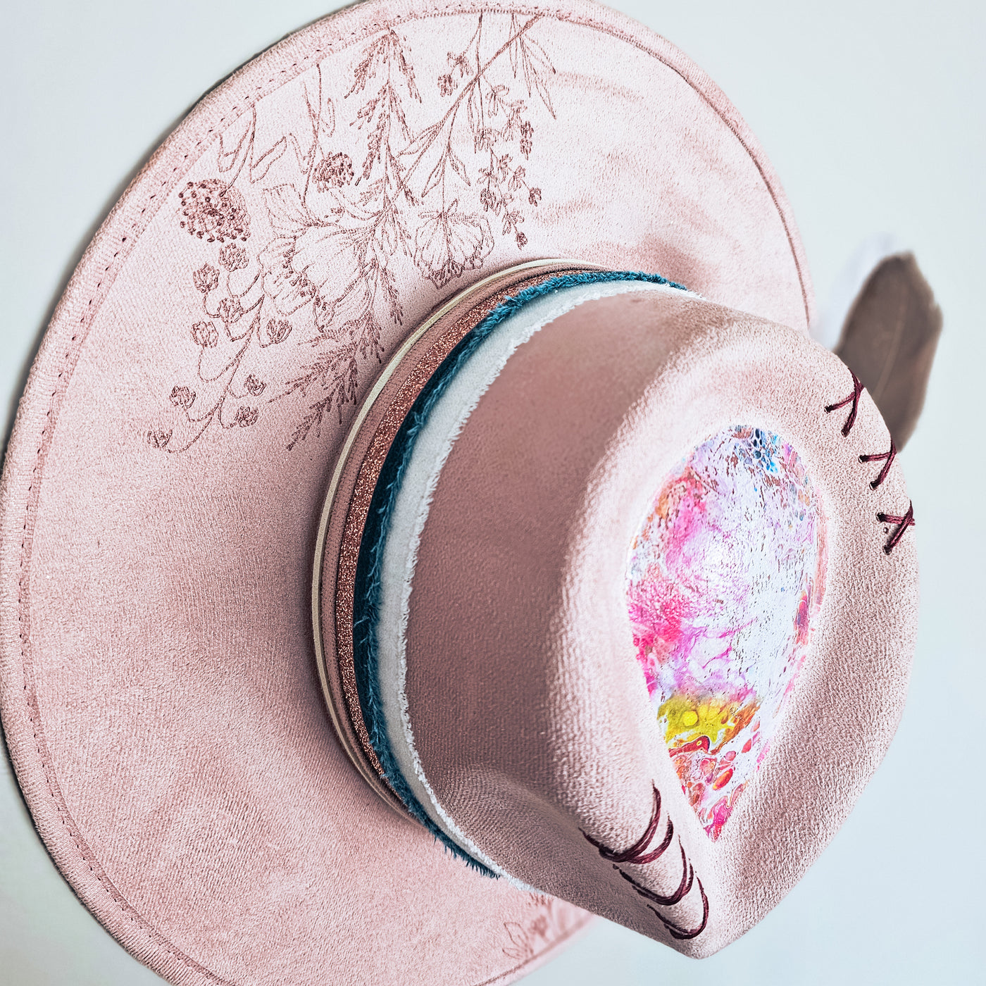 Paint Pour |M| Pink Pastel Suede Burned Wide Brim Hat