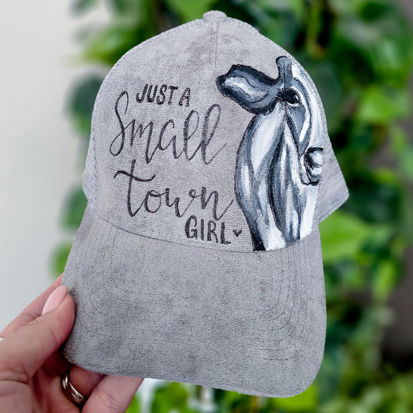 Just a Small Town Girl || Gray Suede Baseball Style Mesh Trucker Hat || Freehand Burned