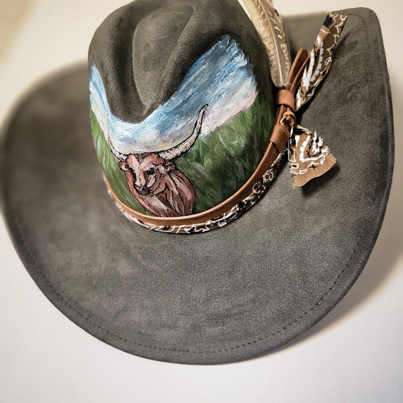 Longhorn on the Range || Deep Olive Burned and Painted Cowboy Style Brim Hat