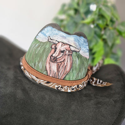 Longhorn on the Range || Deep Olive Burned and Painted Cowboy Style Brim Hat