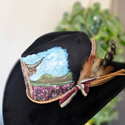 Wildflower Highland || Black Burned and Painted Cowboy Style Brim Hat